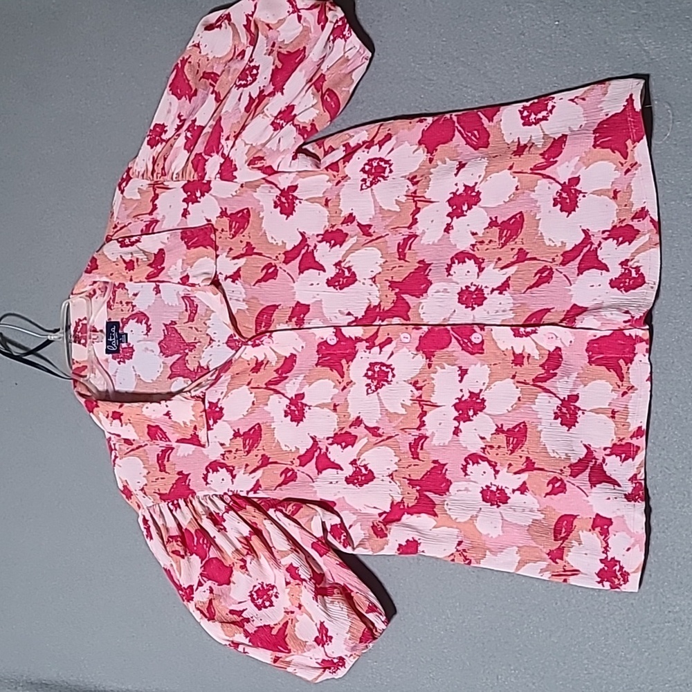 Petite Floral Button-Front Puff Sleeve Blouse - Pink/Coral